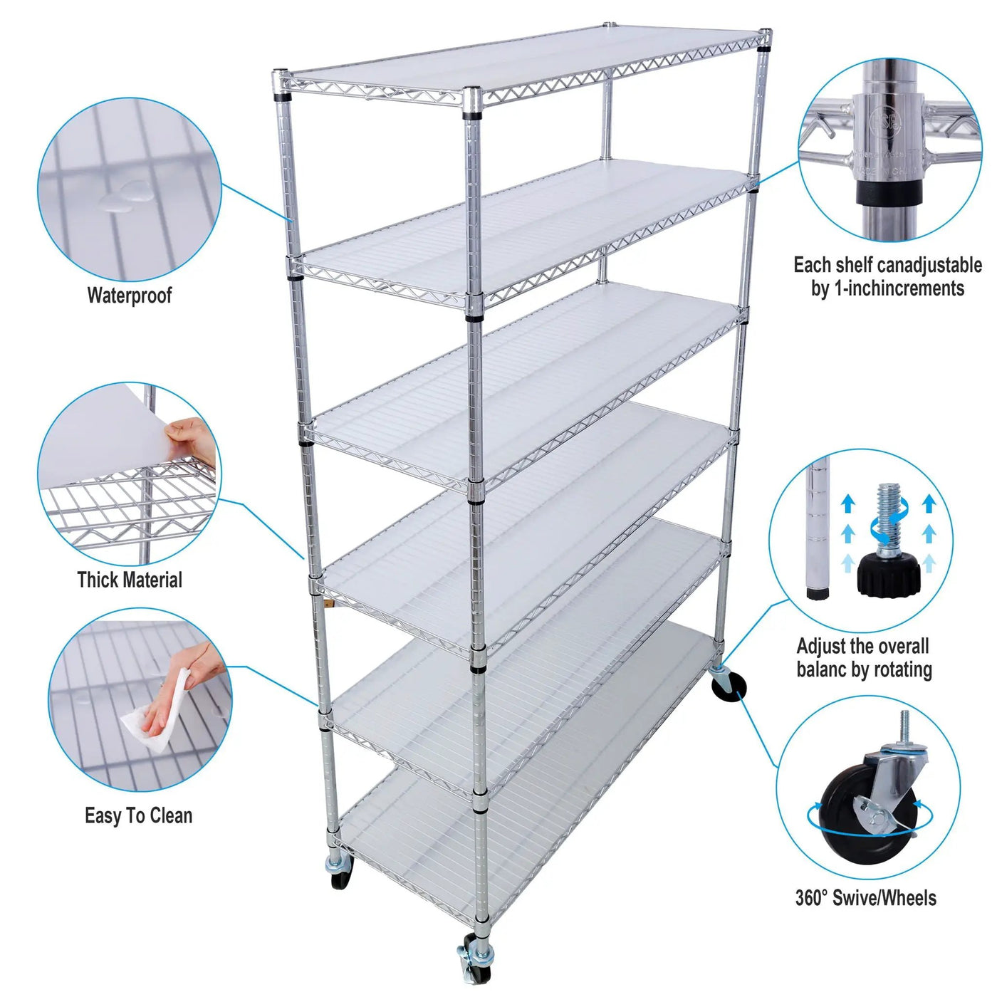 6 Tier 6000Lbs Capacity Nsf Metal Shelf Wire Shelving Unit, Heavy Duty Adjustable Storage Rack With Wheels & Shelf Liners For Commercial Grade Utility Steel Storage Rack by Unique Piece Furniture