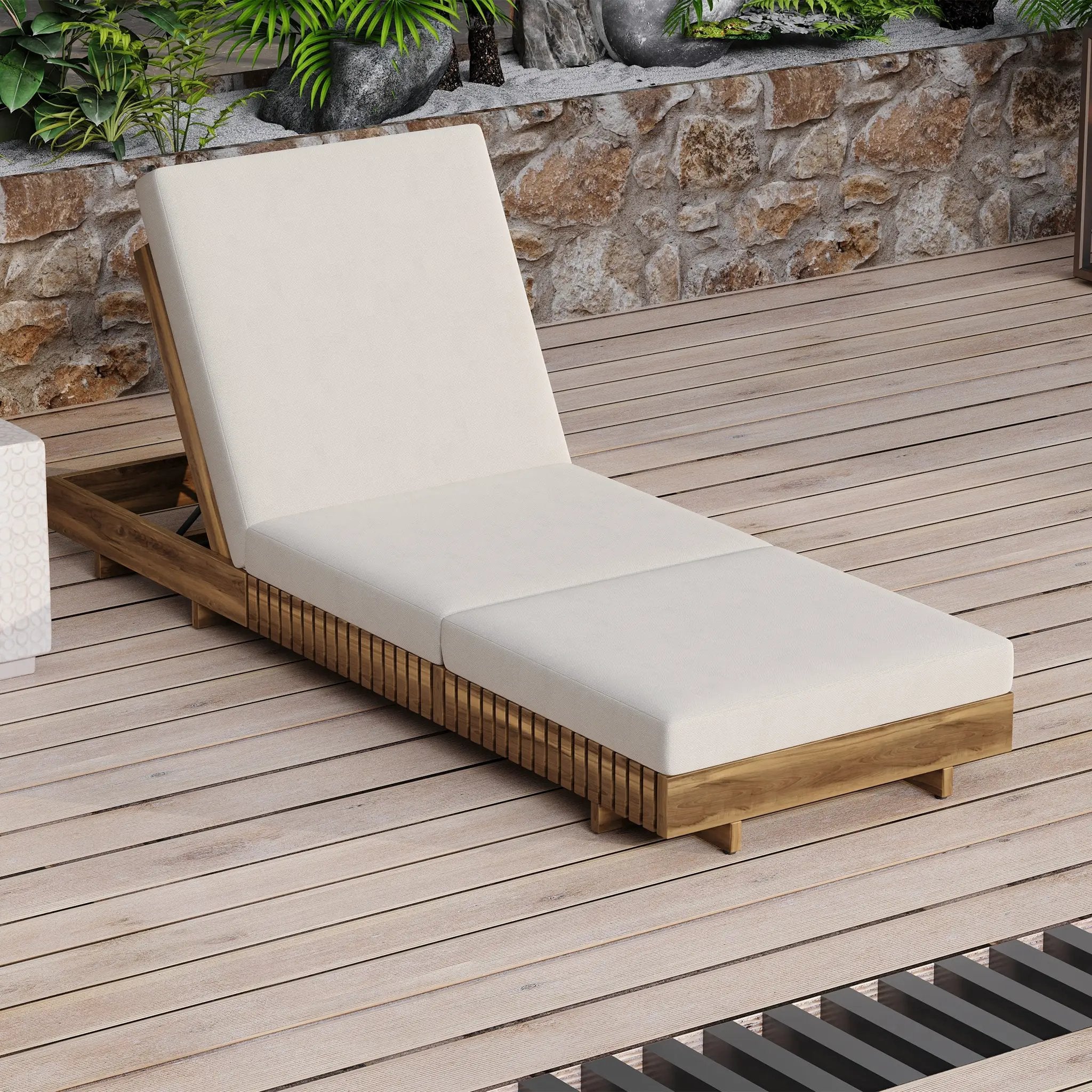 Lounge Chaise Set, Acacia Solid Wood with Cream Lounge Cushion by HouseOfZazla