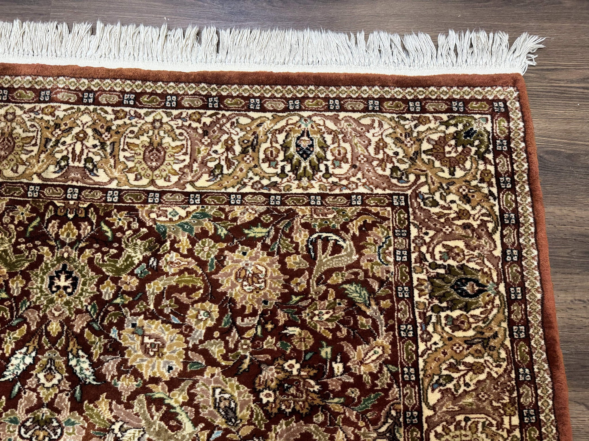 Tree of Life Indian Kashmiri Rug 6x9, Rust Red and Cream, Animal Pictorials, Fine 290 KPSI by Jewel Rugs