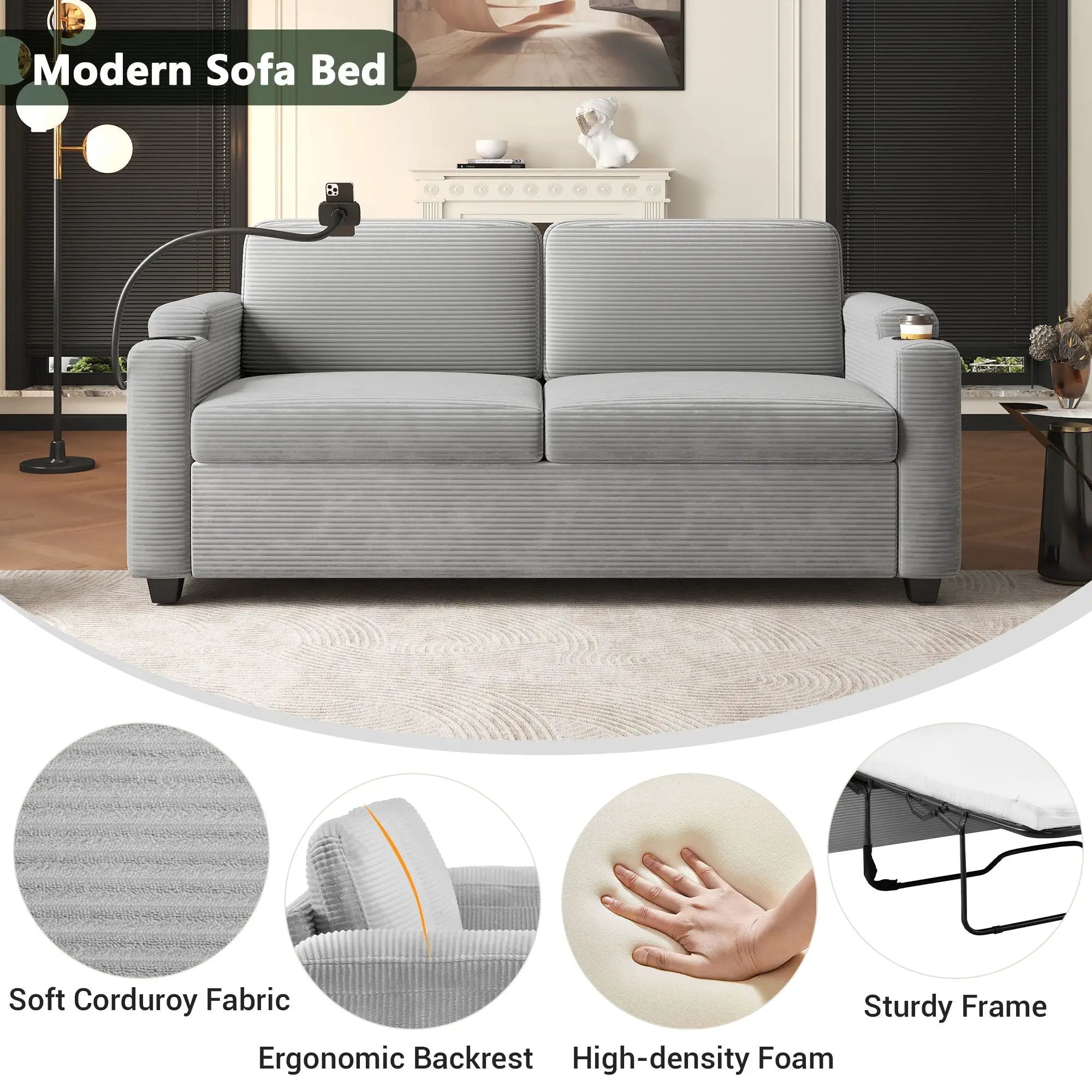 Sleeper Sofa Loveseat Sofa With Full Size Mattress, 2 USB Ports, 2 Cup Holders, 2 Side Pockets And Phone Holder by HouseOfZazla