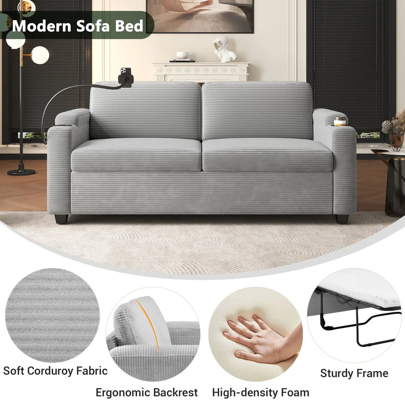 Sleeper Sofa Loveseat Sofa With Full Size Mattress, 2 USB Ports, 2 Cup Holders, 2 Side Pockets And Phone Holder by HouseOfZazla