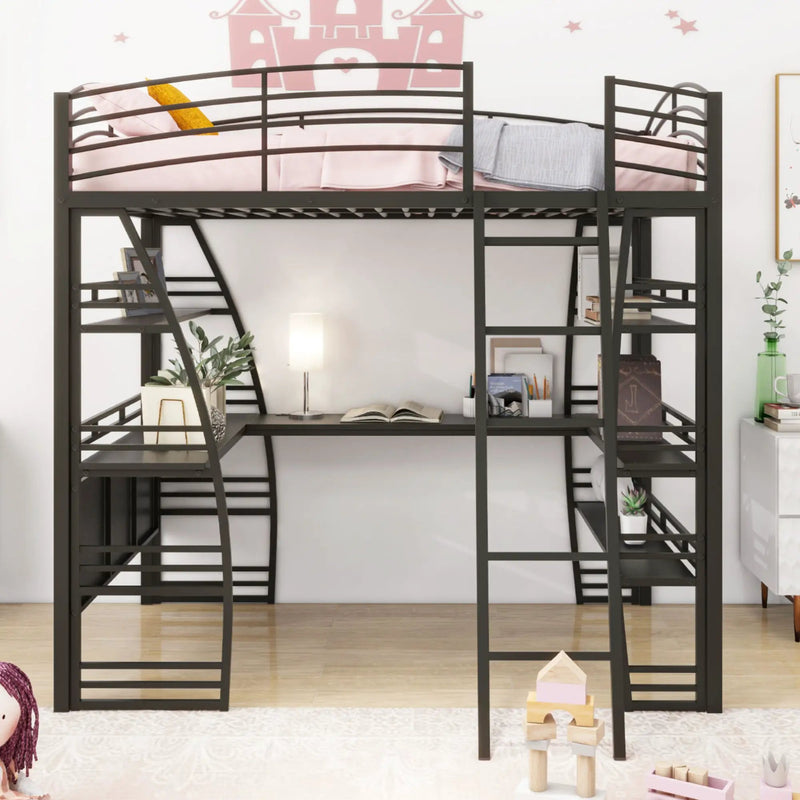 Loft Bed With 4 Layers Of Shelves And L-Shaped Desk, Stylish Metal Frame Bed With A Set Of Sockets, USB Ports And And Wireless Charging by HouseOfZazla