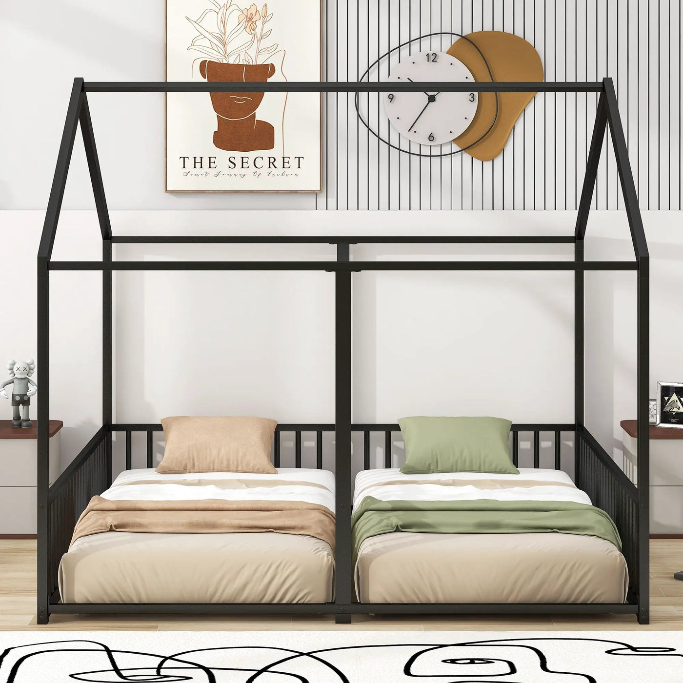House Platform Beds, 2 Shared Beds, Metal Frame With Guardrails by HouseOfZazla