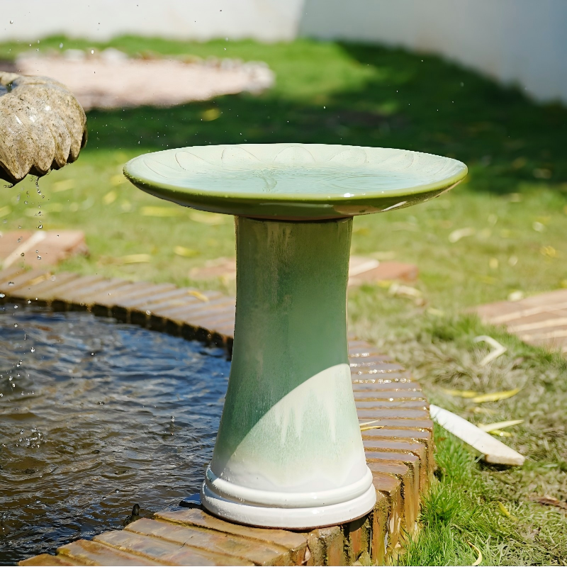 Handmade Glazed Ceramic Bird Bath with Daisy Petal Embossed Tray by HouseOfZazla