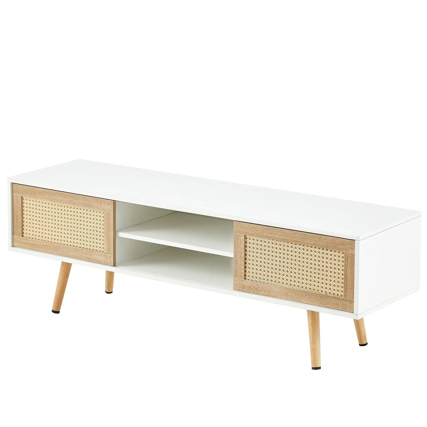55.12" Rattan TV Cabinet, Double Sliding Doors For Storage, Adjustable Shelf, Solid Wood Legs, TV Console For Living Room by HouseOfZazla