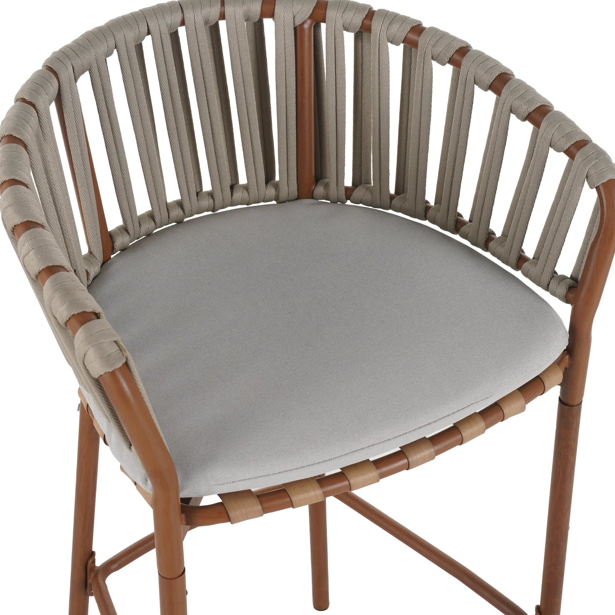 Lodi Outdoor Metal Rope Barstool, Teak Finished Frame and Beige Cushion, Set of 4 by HouseOfZazla