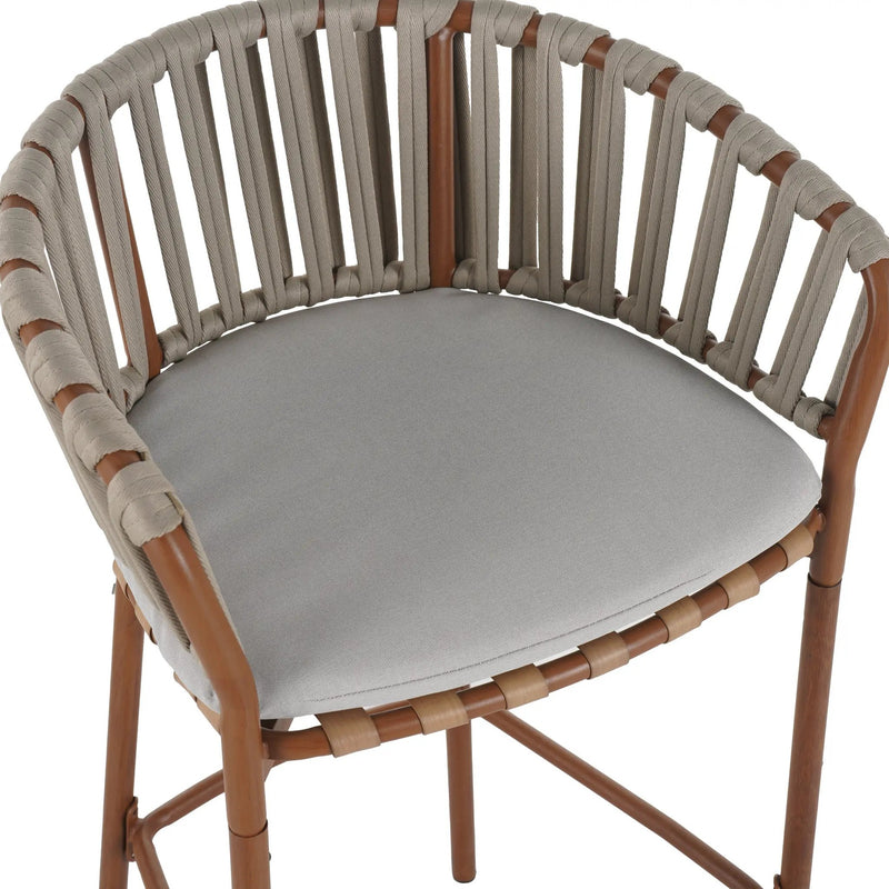 Lodi Outdoor Metal Rope Barstool, Teak Finished Frame and Beige Cushion, Set of 4 by HouseOfZazla