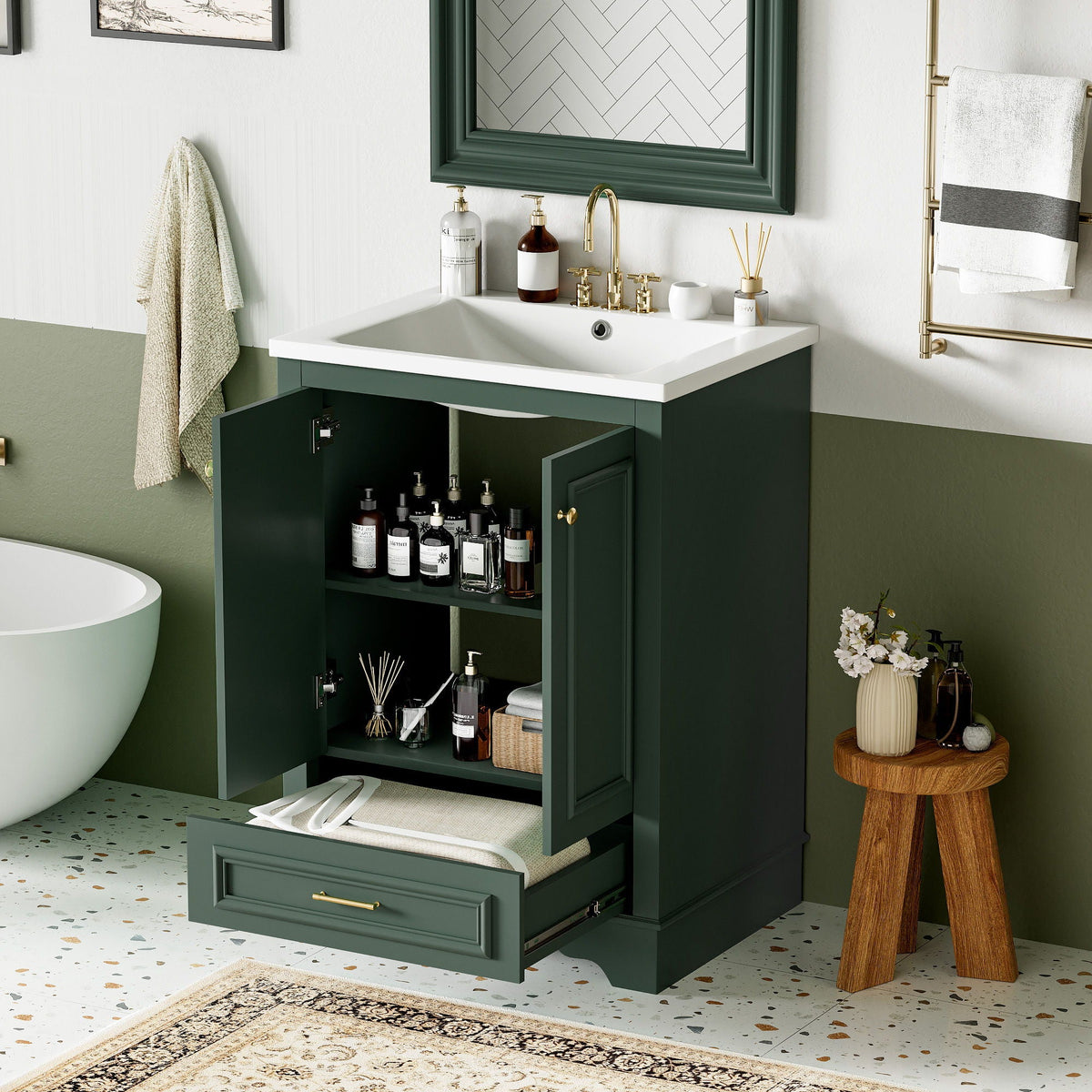 Bathroom Vanity With Ceramic Sink Combo, Modern Freestanding Storage Cabinet With Silver Handles, photo 22 of 28