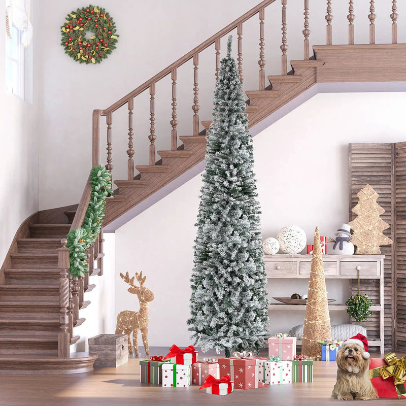 HOMCOM 9' Tall Unlit Snow-Flocked Slim Artificial Christmas Tree by HouseOfZazla
