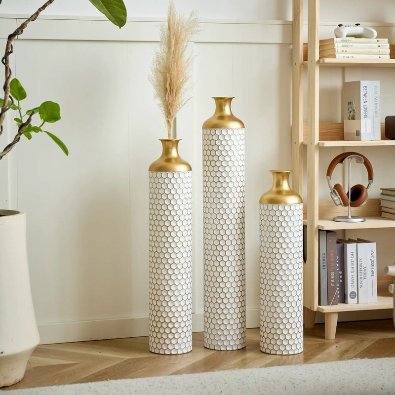 3-Piece Modern Metal Vase Set - White & Gold by HouseOfZazla