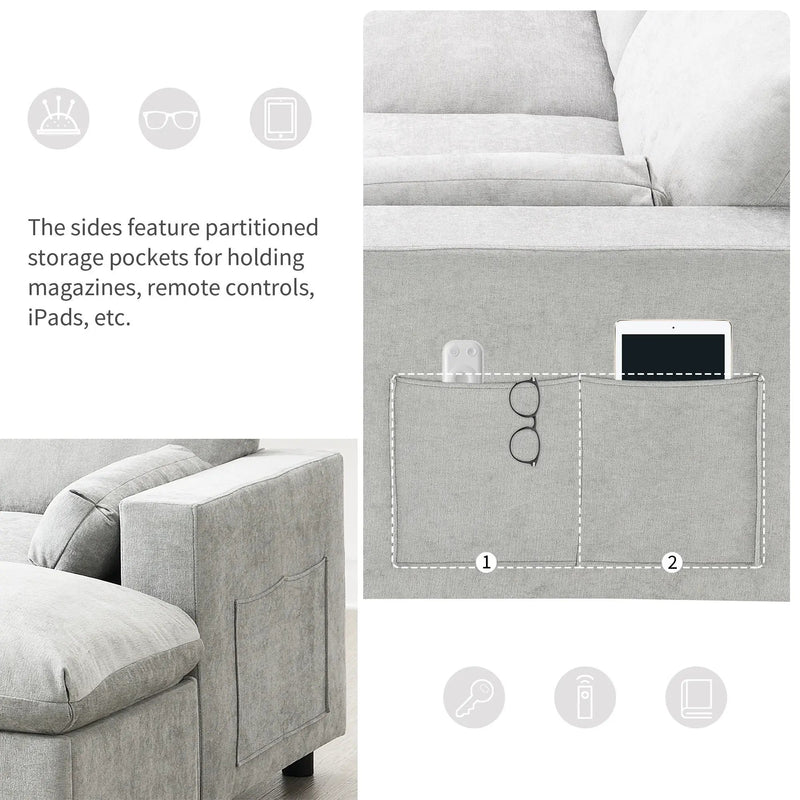 Modular Sectional With Storage Pockets, 5 Seat U Shaped Couch Set With Pillows, Free Combination Modern Cloud Sofa With 2 Movable Ottoman by Unique Piece Furniture