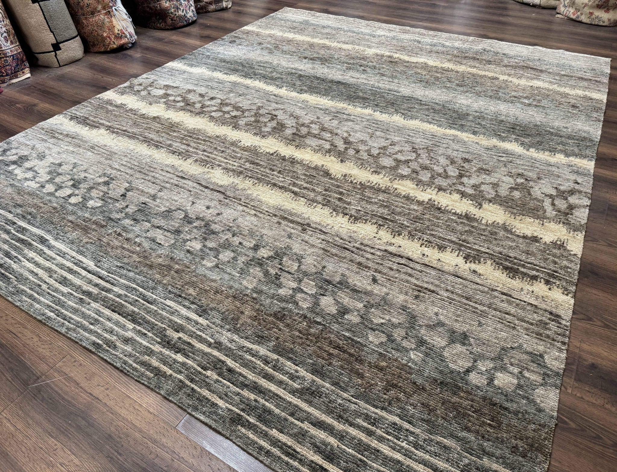 Modern Tibetan Wool Rug 8x10, Abstract, Contemporary, Handmade, Gray, Stripes by Jewel Rugs