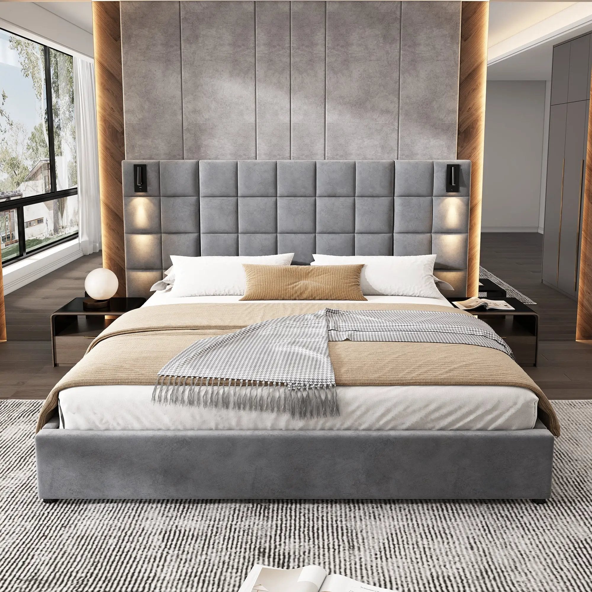 King Size Upholstered Bed Frame with Wall Sconce and USB Port by HouseOfZazla