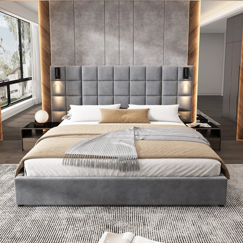 King Size Upholstered Bed Frame with Wall Sconce and USB Port by HouseOfZazla