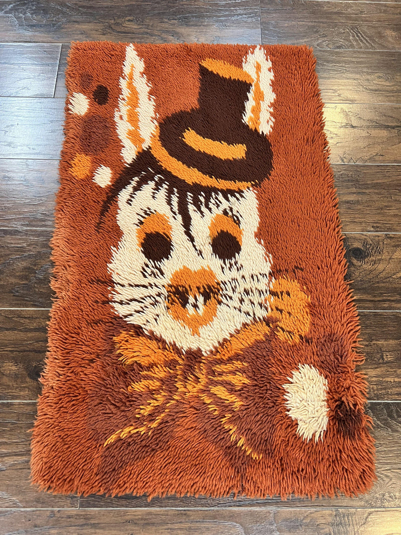 Rya Shag Rug 2x4, Rabbit in Top Hat, Wool, Orange, Vintage 1960s Danish Shag Rug by Jewel Rugs