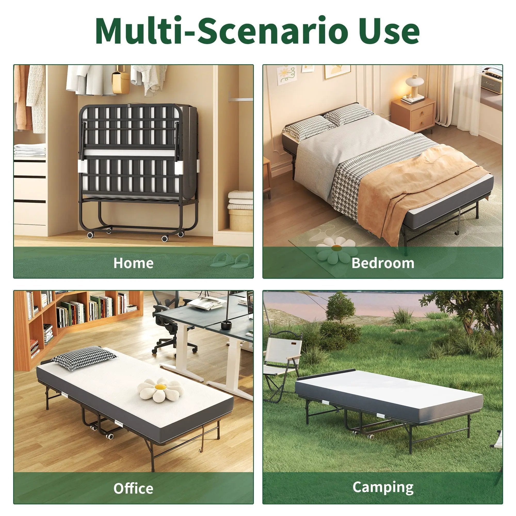 Twin Folding Bed With Adjustable Headboard, Memory Foam For Tall People, Heavy-Duty Portable On Wheels, Easy Assembly - Black by Unique Piece Furniture