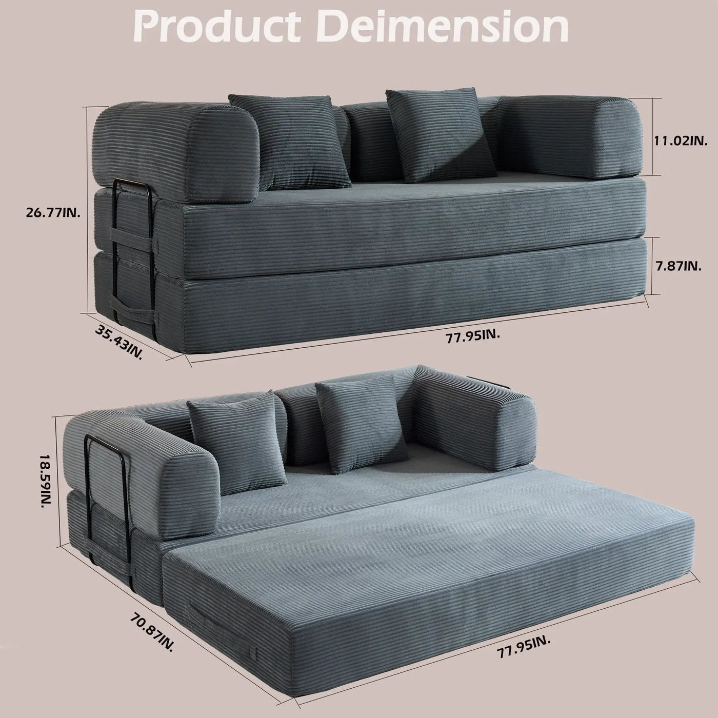 Convertible Sleeper Sofa Bed With Cylindrical Pillow, With Fixed Shape Frame by HouseOfZazla
