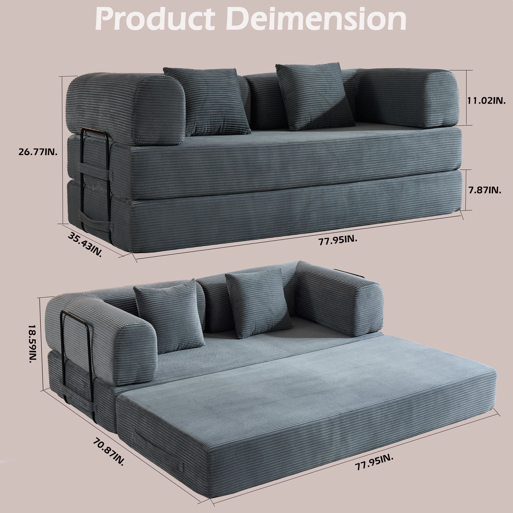 Convertible Sleeper Sofa Bed With Cylindrical Pillow, With Fixed Shape Frame by Unique Piece Furniture