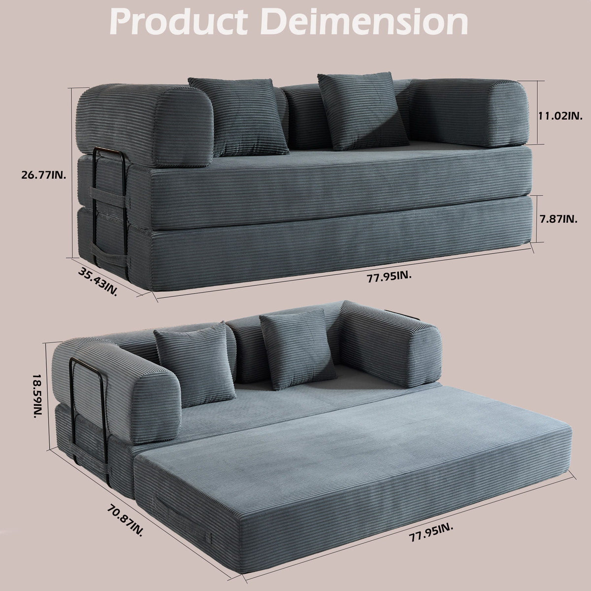 Convertible Sleeper Sofa Bed with Fixed Shape Frame and Cylindrical Pillow - Fabric, photo 8 of 12