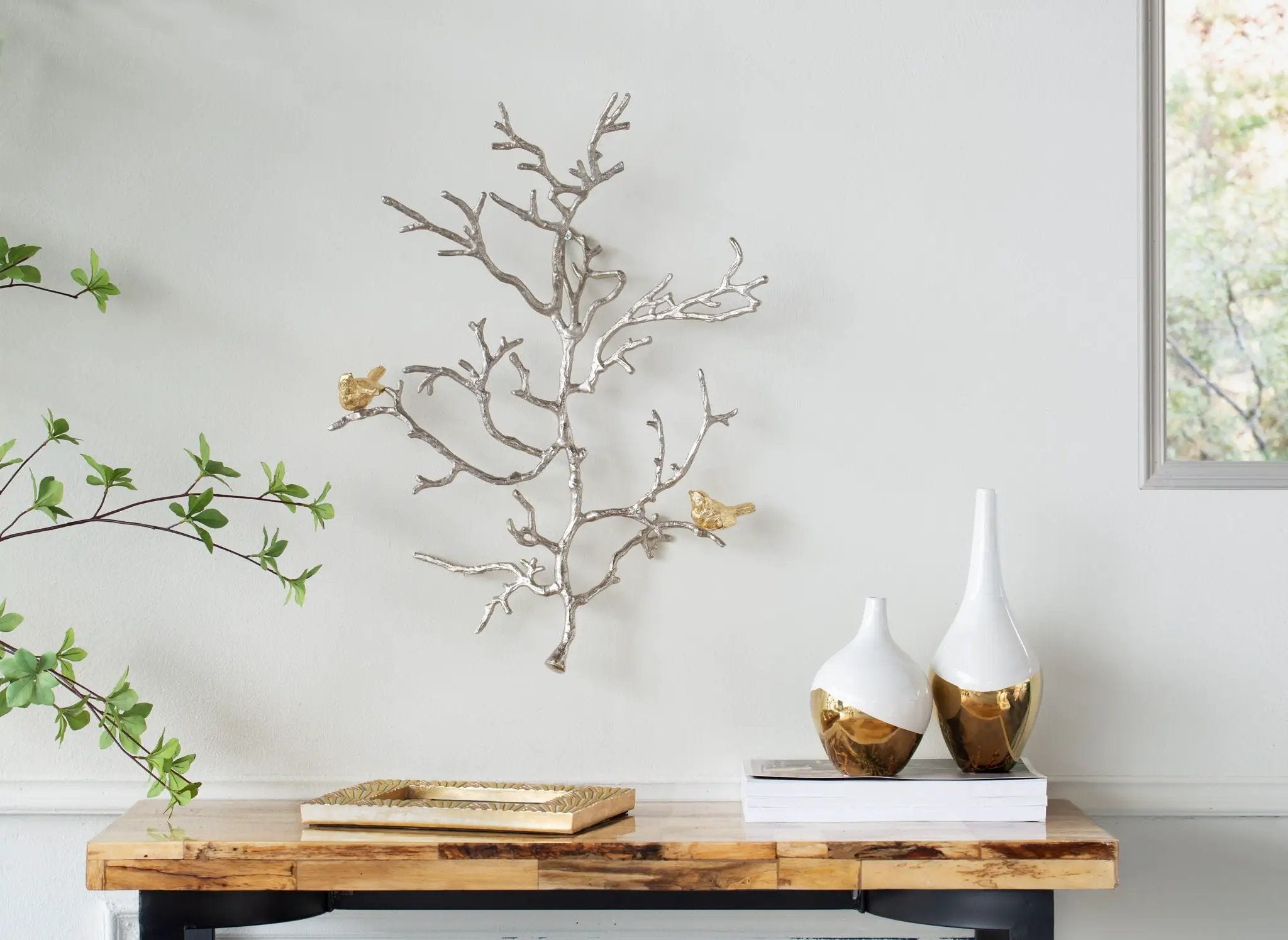 Metal Branch Wall Sculptures With Bird Accents (Set of 2) - Silver Multi by HouseOfZazla