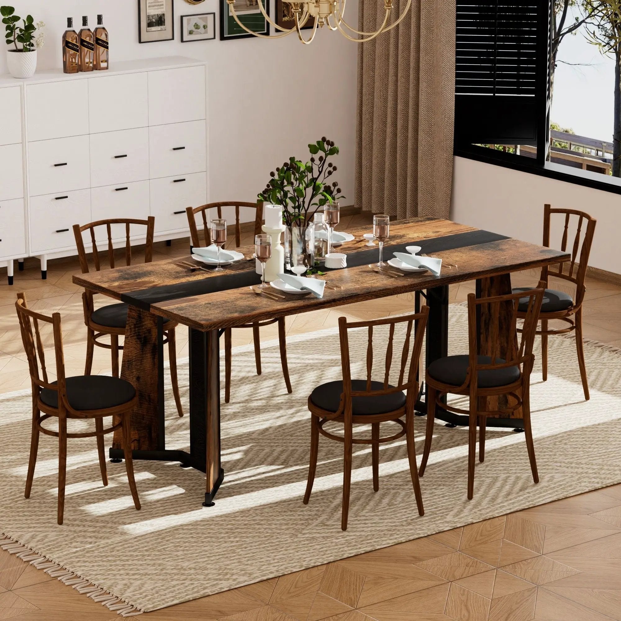 Rustic Rectangular Large Dining Table, Waterproof Desk For 8 People, & Steel With Adjustable Legs - Black / Rustic Brown by HouseOfZazla