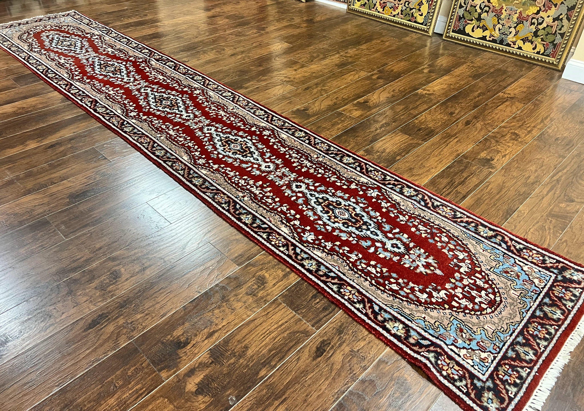 Indo Persian Runner Rug 2.8 x 14.8, Long Indo Kirman Hallway Rug, Red Floral Wool Vintage Handmade Oriental Runner by Jewel Rugs