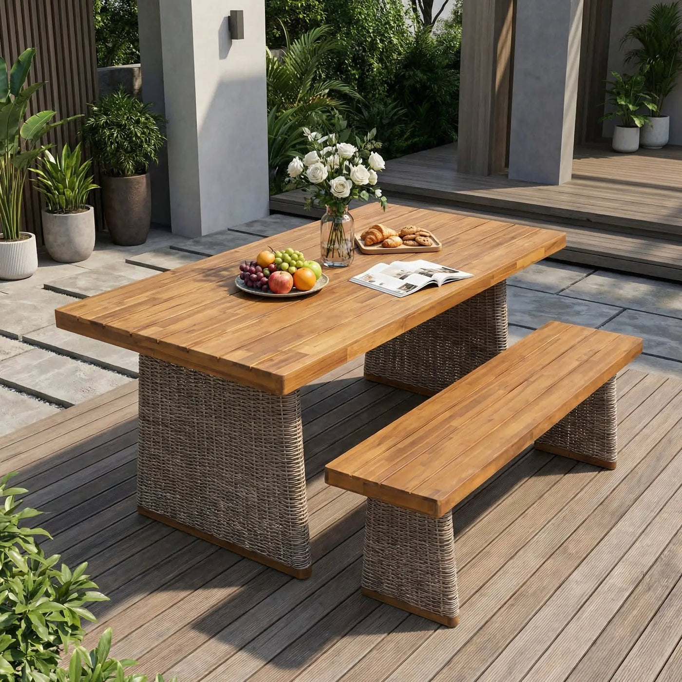 Outdoor Acacia Wood Dining Table Set with 1 Table and 1 Bench by HouseOfZazla