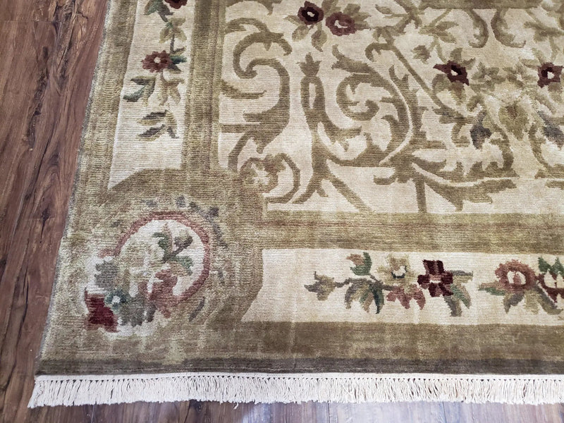 Vintage Nepali Tibetan Aubusson Rug 6x9, Wool Hand-Knotted Cream Beige Carpet, Leaves & Floral Pattern 6 x 9 Soft Area Rug Home Office Rug by Jewel Rugs
