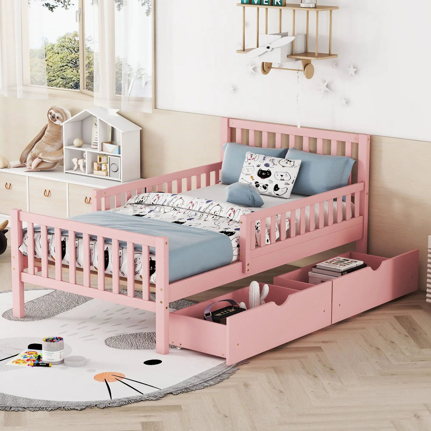 Platform Bed With Guardrails On Both Sides And 2 Storage Drawers by HouseOfZazla