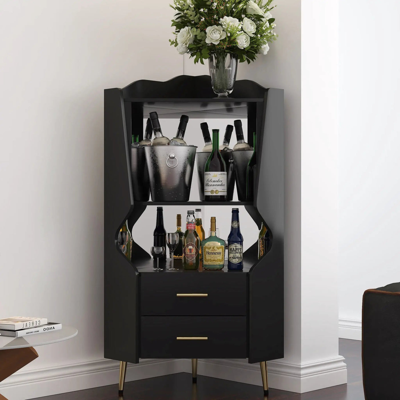 Corner Bar Cabinet With Mirrored Back, 2 Open Shelves & 2 Drawers by HouseOfZazla