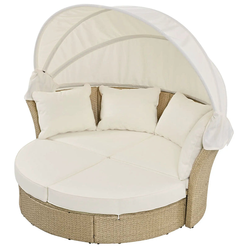 Outdoor Patio Daybed Wicker Rattan Double Daybed Round Sofa Furniture Set With Retractable Canopy, 4 Pillows For Lawn Garden by HouseOfZazla