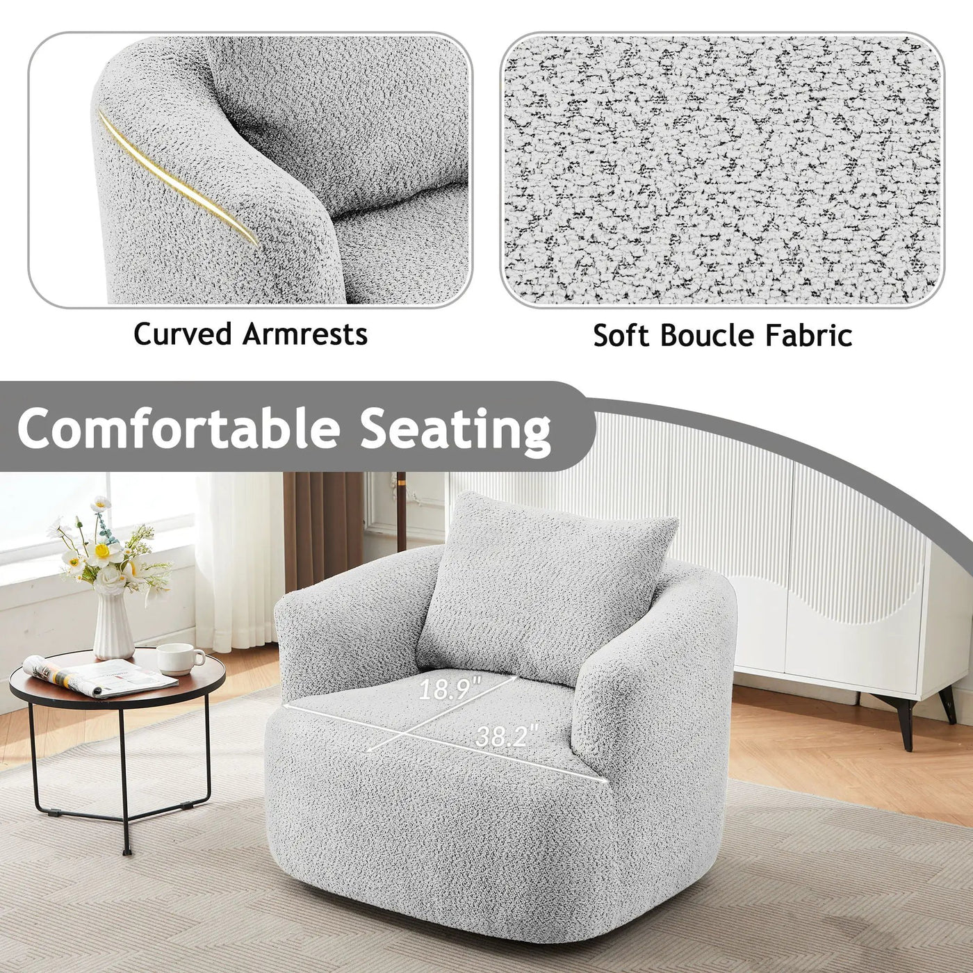 360° Swivel Barrel Sofa Chair With Throw Pillow, Upholstered Accent Chair by Unique Piece Furniture