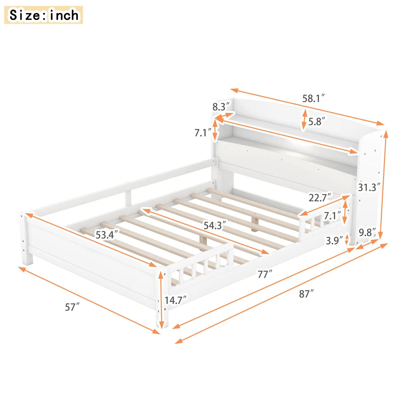 Wood Platform Bed With Built In LED Light, Storage Headboard And Guardrail by HouseOfZazla