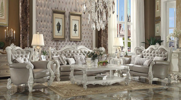 Versailles - Causeuse avec 4 coussins - Similicuir gris vintage et blanc cassé