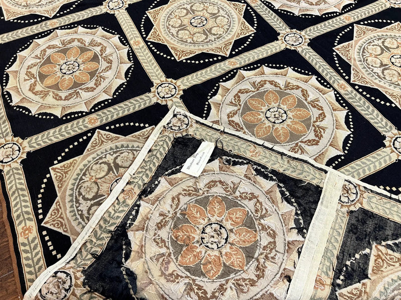 Needlepoint Rug 8x10, Black Tan Beige, Panel Design, Wool Handwoven Handmade Flatweave Needlepoint Carpet, Vintage French European Rug by Jewel Rugs