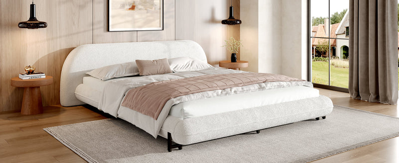 Queen Size Upholstered Bed Frame with Boucle Fabric and Steel Legs by HouseOfZazla
