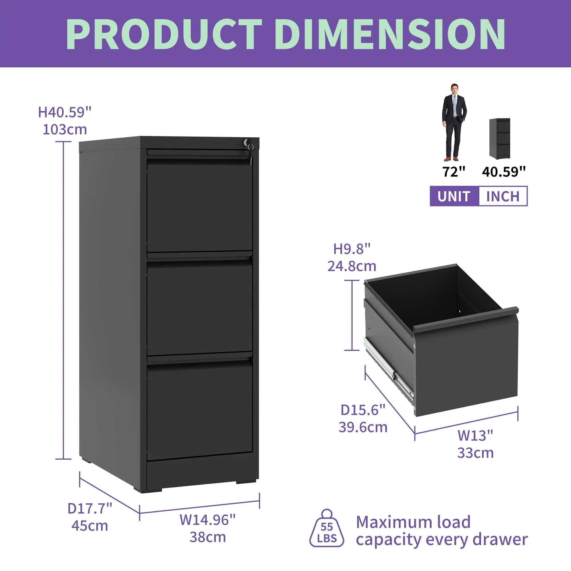 Steel Drawer Vertical File Cabinet With Lock For A4 Legal / Letter Size by Unique Piece Furniture