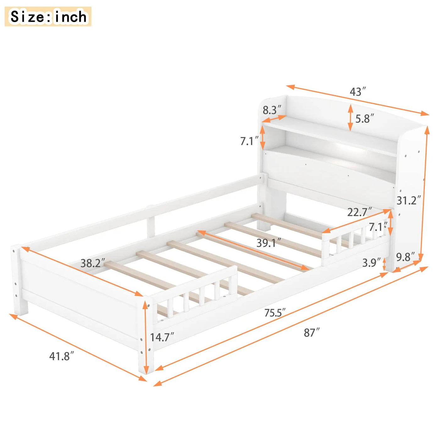 Wood Platform Bed With Built In LED Light, Storage Headboard And Guardrail by HouseOfZazla