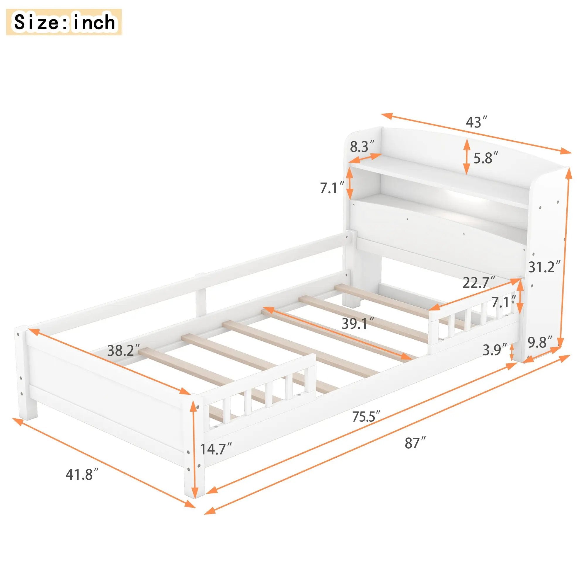 Wood Platform Bed With Built In LED Light, Storage Headboard And Guardrail