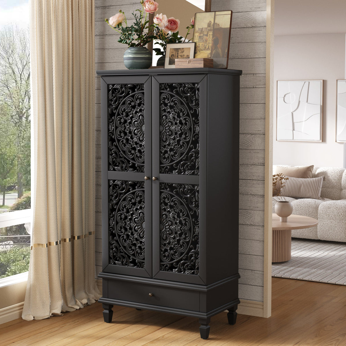 Rustic 55'' Tall Storage Cabinet with Drawer, Decorative 2-Door Carved Wood Accent Cabinet with Solid Wood Legs for Living Room, Hallway, Dining Room, photo 4 of 10