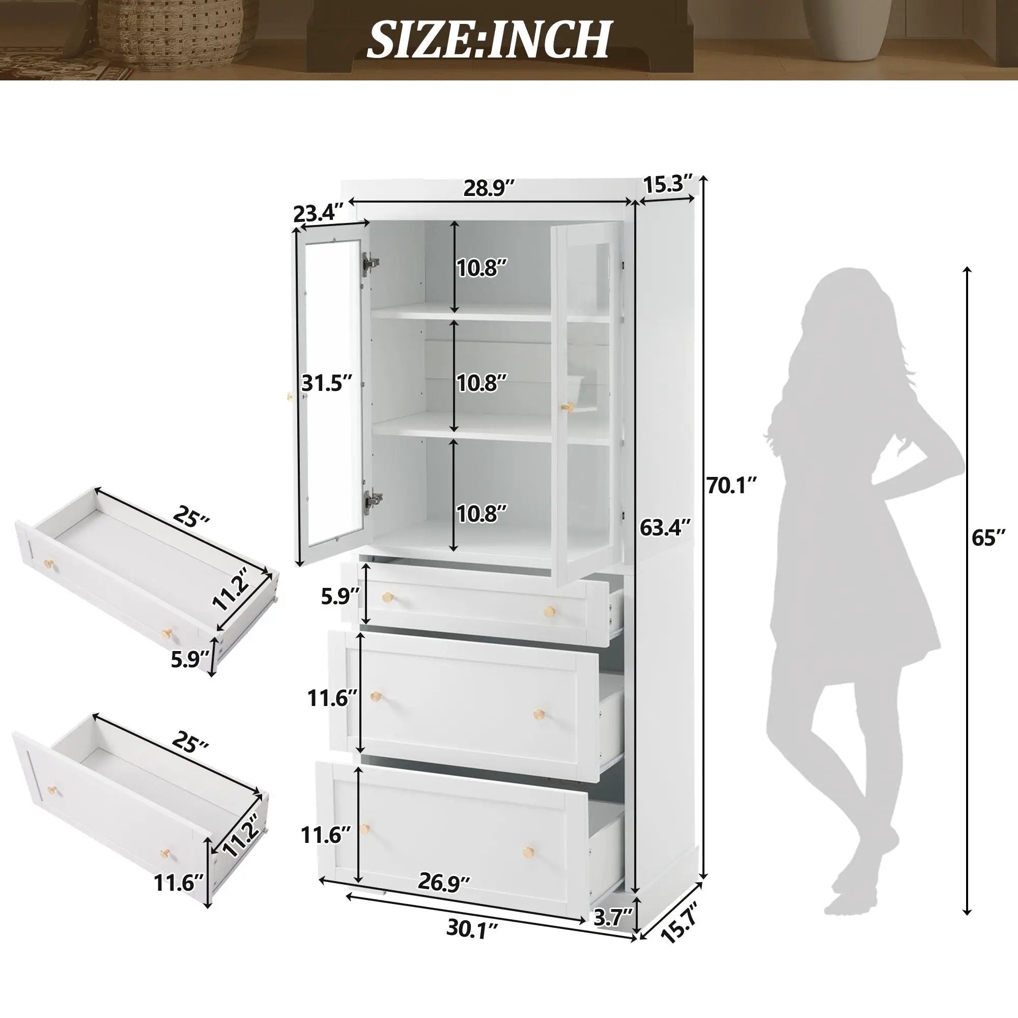 Freestanding Tall Bathroom Cabinet With Adjustable Shelves, Drawers, Soft Close Glass Doors by HouseOfZazla
