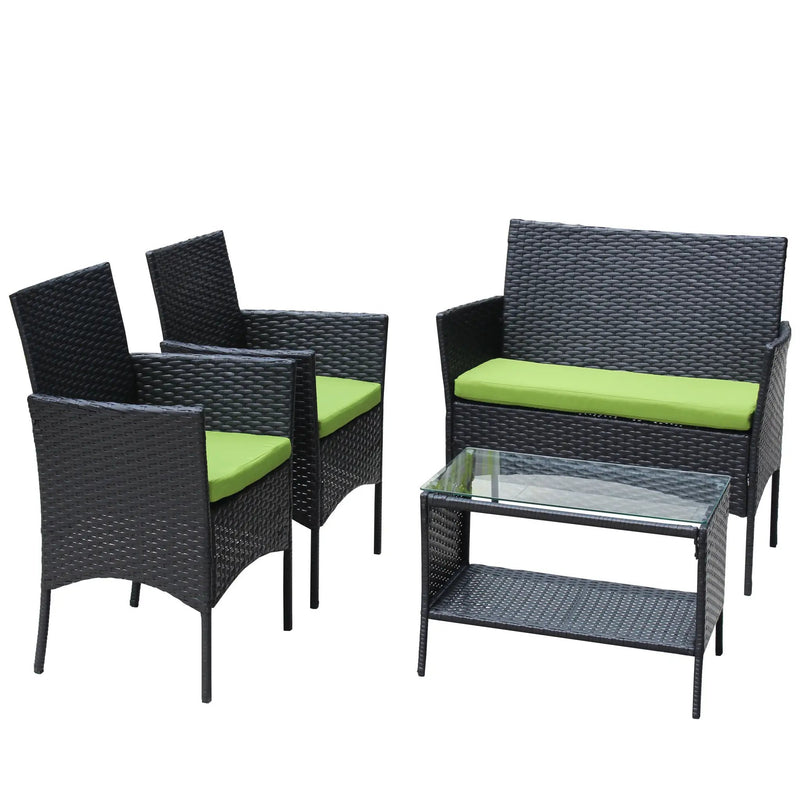 4 PC Rattan Patio Furniture Set Outdoor Cushioned Wicker Sofa Green Cushion by HouseOfZazla