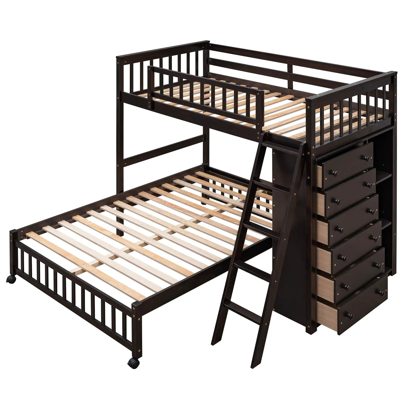 Bunk Bed With 6 Drawers And Flexible Shelves, Bottom Bed With Wheels by HouseOfZazla