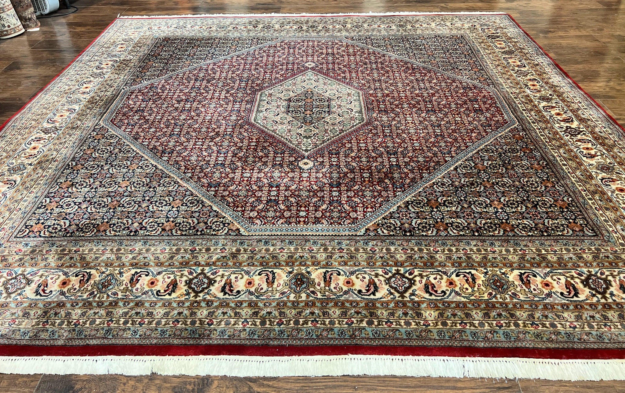 Square Indo Persian Bidjar Rug 10x10, Red, Handmade Vintage Wool Carpet by Jewel Rugs