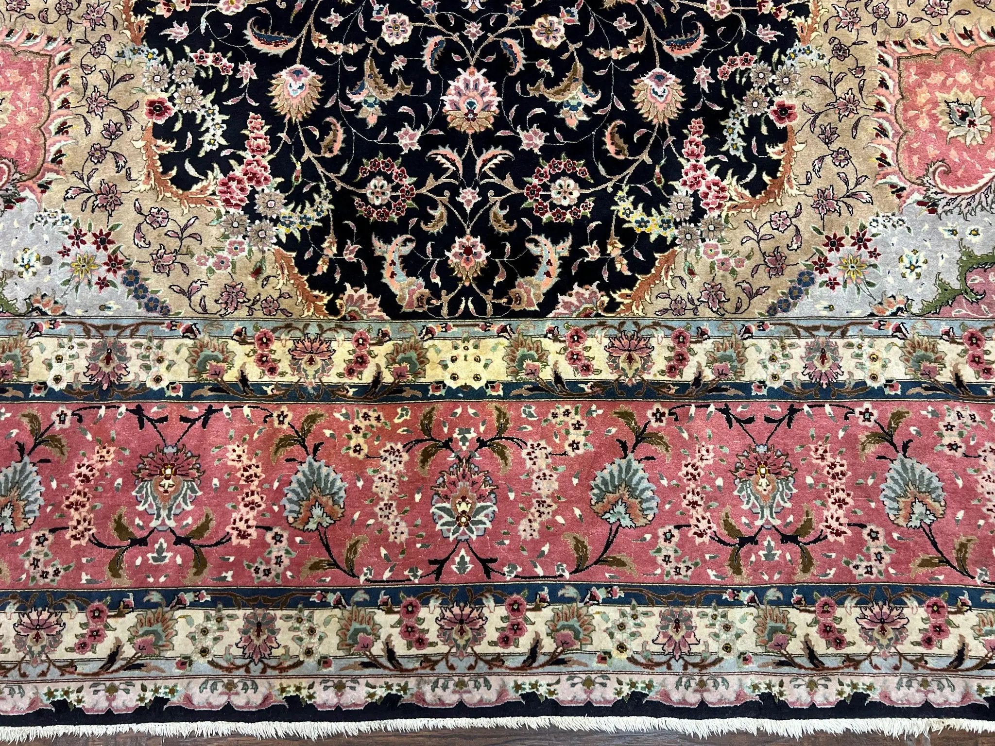 Magnificent Persian Tabriz Rug 11x16, Oversized Persian Carpet 11 x 16 ft, Wool on Silk Finely Hand Knotted, 450 KPSI, Floral Medallion, Black Pink by Jewel Rugs