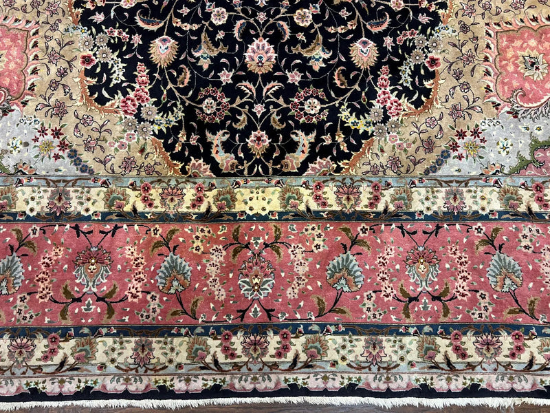 Magnificent Persian Tabriz Rug 11x16, Oversized Persian Carpet 11 x 16 ft, Wool on Silk Finely Hand Knotted, 450 KPSI, Floral Medallion, Black Pink by Jewel Rugs