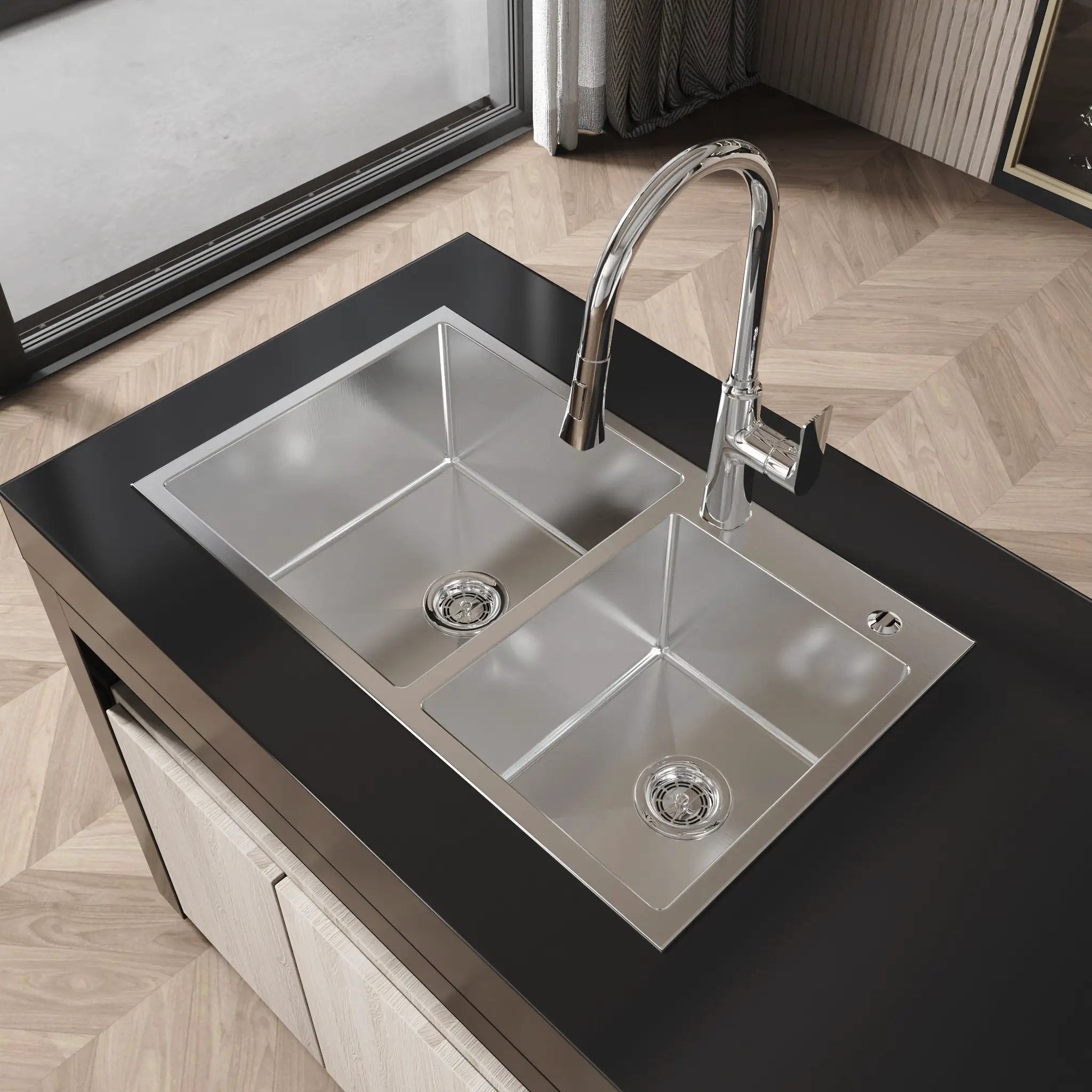 Stainless Steel Kitchen Sink, 32"x19" Double Bowl in Brushed Nickel by HouseOfZazla