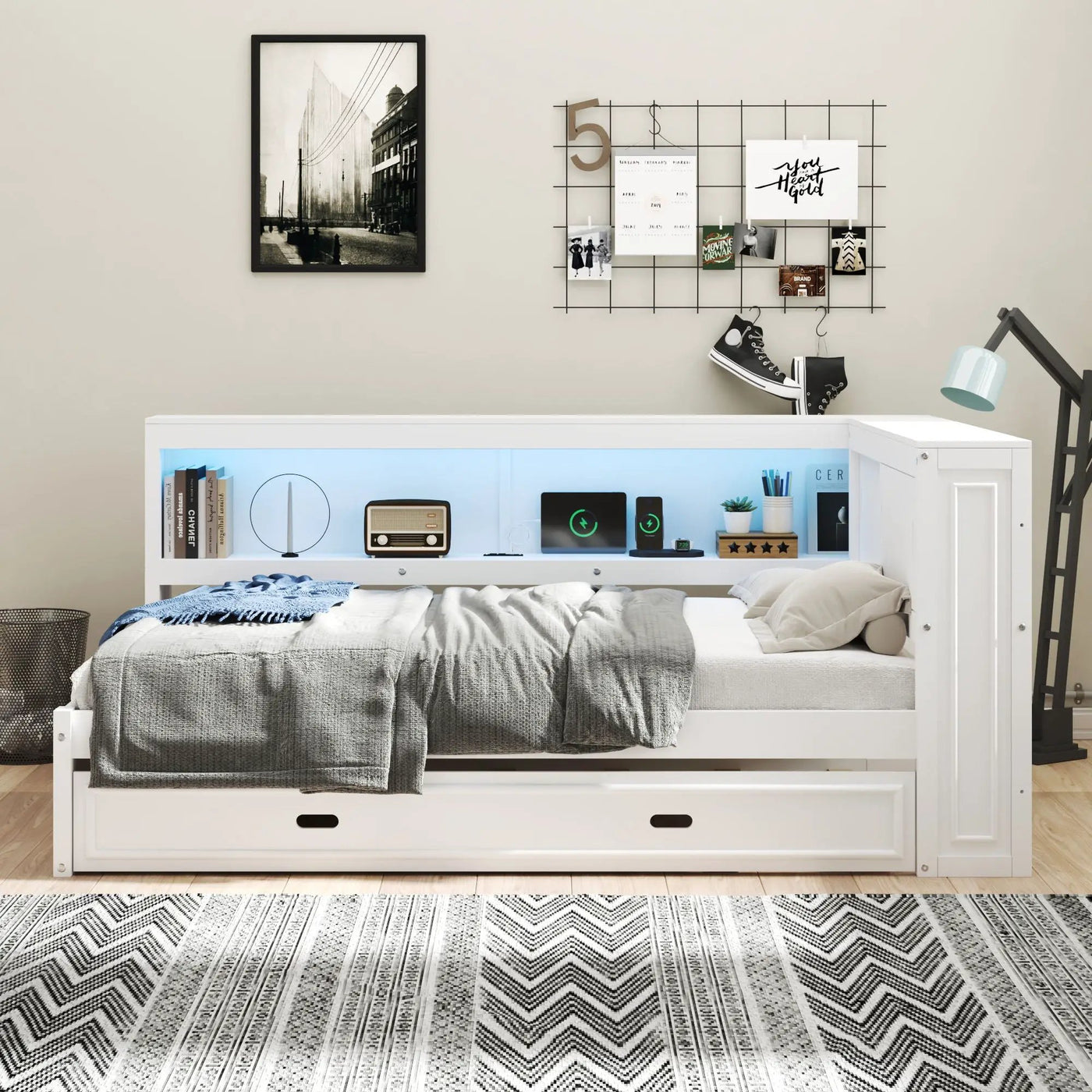 Daybed With Storage Shelves, LED, USB, And Trundle by HouseOfZazla