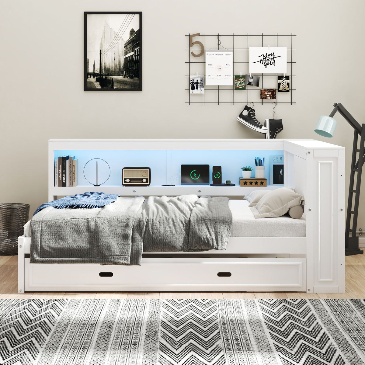 Full Size Daybed with Storage Shelves and Trundle - Dark Brown or White, photo 17 of 28