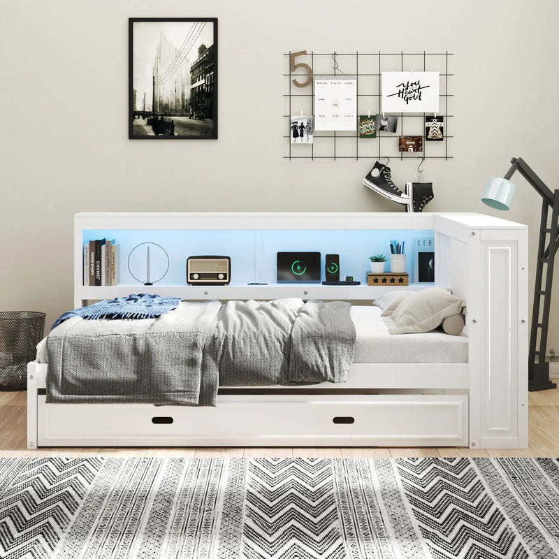 Daybed With Storage Shelves, LED, USB, And Trundle by HouseOfZazla